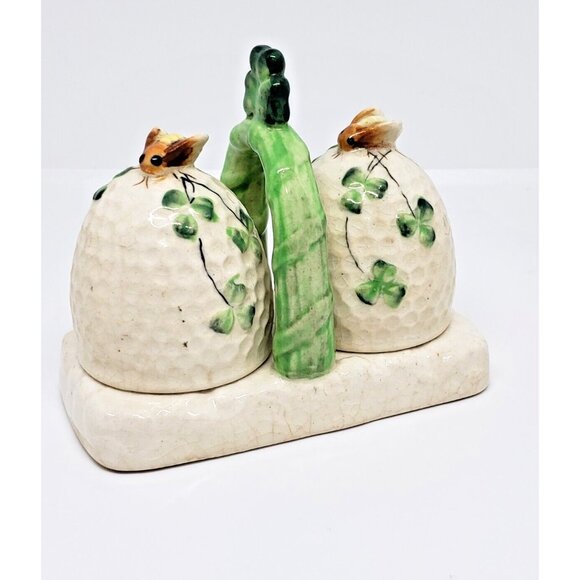 Beehive Salt & Pepper Shakers With Holder Ceramic Bees Japan Vintage - Picture 2 of 8